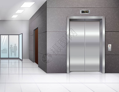 大厅电梯办公楼大厅闪亮的地板金属铬电梯门逼真的矢量插图室内的高清图片素材