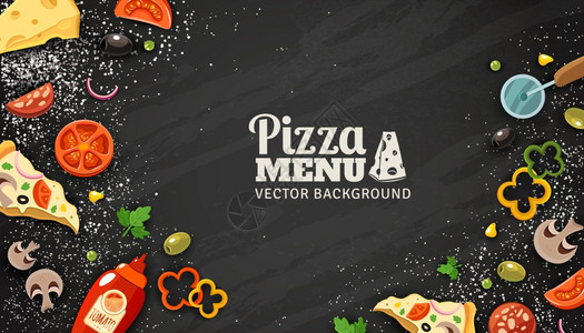 披萨菜单黑板背景比萨饼菜单黑板卡通背景与新鲜配料矢量插图图片