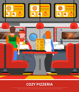 比萨店内部插图快餐店比萨饼店内部与客户剪影平矢量插图图片