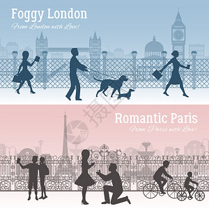 伦敦巴黎横幅雾伦敦浪漫巴黎水平轮廓横幅平矢量插图图片