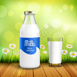 买满即送瓶杯牛奶封闭的天然牛奶瓶,光泽的帽子全杯牛奶绿色背景与洋甘菊矢量插图插画