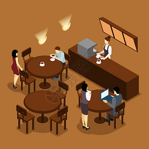 咖啡馆电脑女服务员咖啡师人们等距棕色海报咖啡店咖啡厅等距横幅棕调与咖啡师服务员为游客提供抽象矢量插图插画