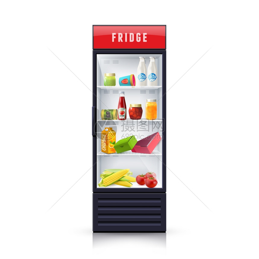 冰箱中的食物现实插图图标现代冰箱与蔬菜,乳制品罐头产品透明前板图标打印现实的矢量插图图片