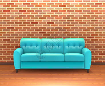 砖墙内部与沙发逼真现代室内砖墙家居装饰理念与充满活力的绿松石皮革沙发现实矢量插图背景图片