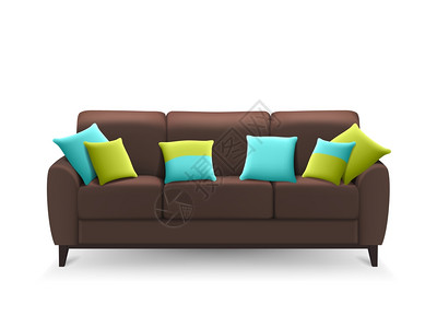 带装饰靠垫的棕色写实沙发棕色沙发,带装饰垫,用于休息室客厅客厅家居,独立的写实矢量插图背景图片