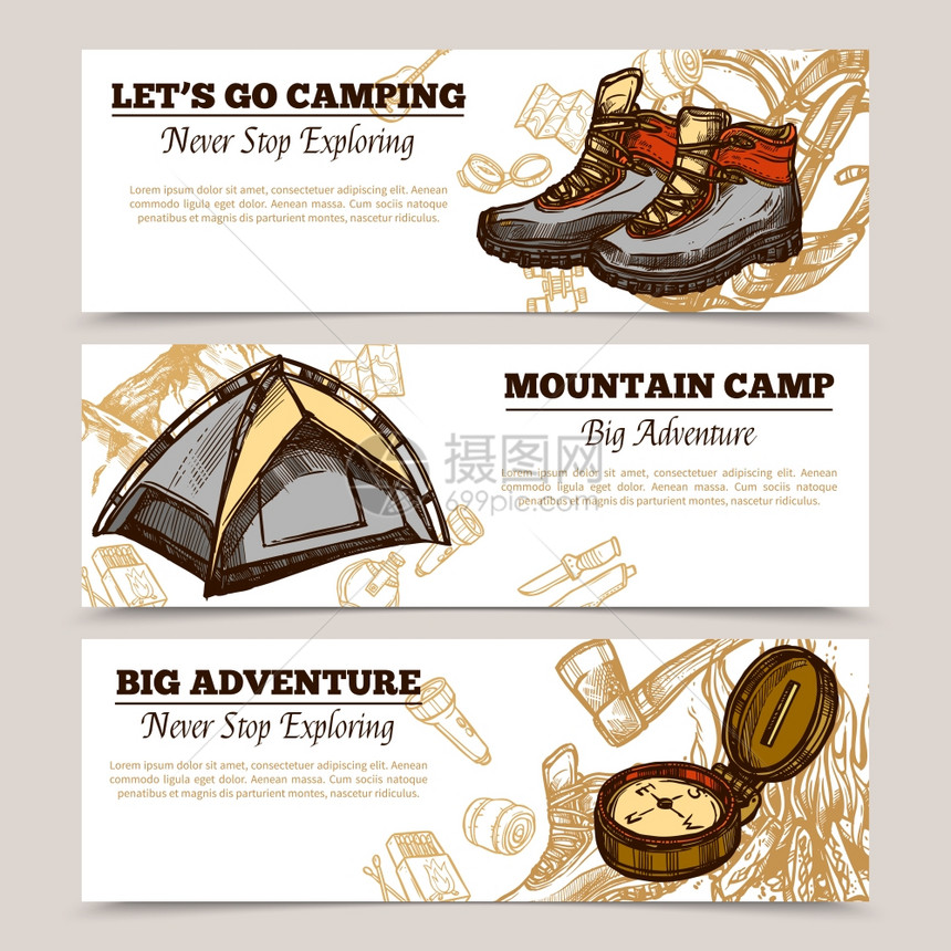 旅游野营徒步旅行横幅水平旅游横幅展示让露营山营地大冒险手绘矢量插图图片