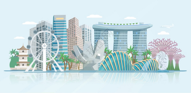 城市海湾新加坡天际线平全景海报新加坡天际线全景与现代中央商务区摩天大楼历史寺庙建筑抽象矢量插图插画