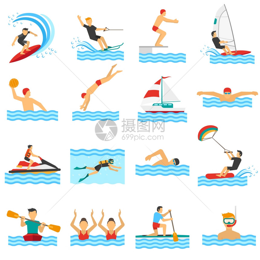 水上运动装饰图标平装饰图标集划艇,游泳,帆板,水球与人水运动孤立矢量插图图片