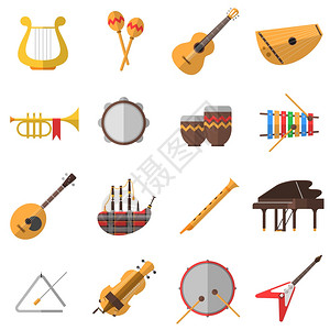 木琴乐器图标乐器图标钢琴吉他鼓平孤立矢量插图插画