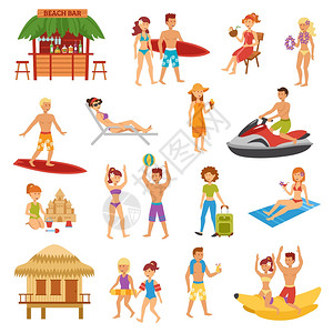 海滩公寓海滩平图标与人们暑假矢量插图图片