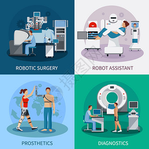医疗工程仿生2x2与机器人设备仿生2x2与机器人手术诊断设备骨科假肢合物平矢量插图插画