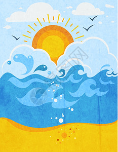 追波风太阳海浪抽象背景海浪抽象背景与太阳云,海鸥沙滩平矢量插图插画