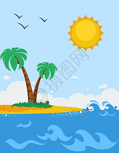 卡通风格的海洋景观海报海景卡通海报与沙滩棕榈树,太阳海鸥平矢量插图图片