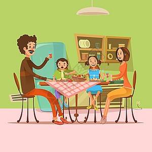 家庭用餐插图家庭厨房吃饭,冰箱桌子复古卡通矢量插图图片