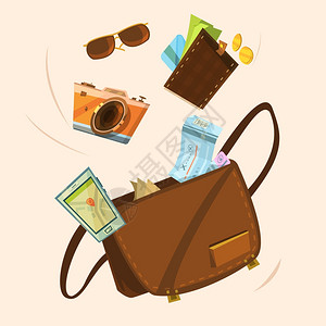 旅游包的旅游包与钱票太阳镜卡通矢量插图图片