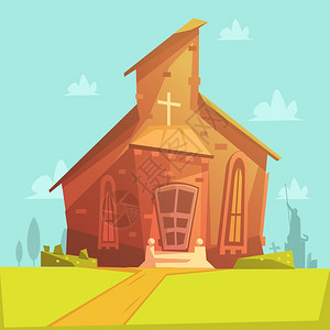 教堂卡通背景教堂旧建筑卡通背景与草坪树木矢量插图背景图片