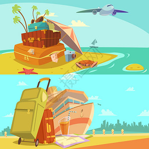 旅行横幅旅行水平横幅与航行海滩度假符号卡通孤立矢量插图图片