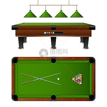 台球桌家具套装台球桌家具套装与提示多彩球灯矢量插图图片