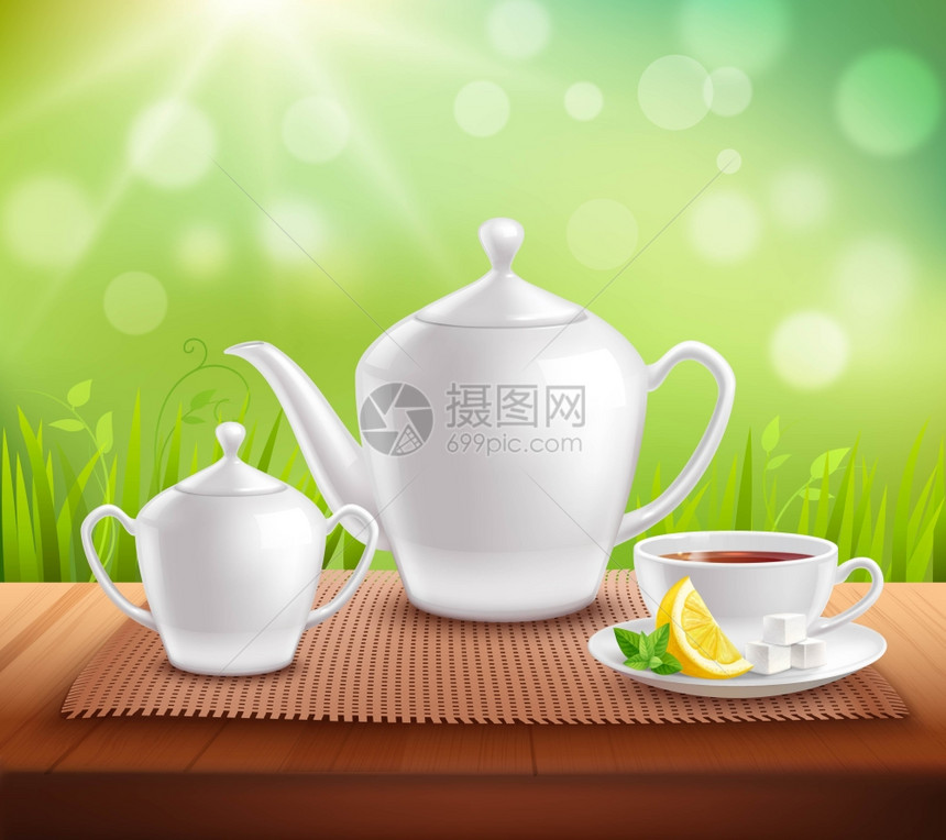 茶服务成分的要素茶服务成分的元素与茶壶,糖碗杯子木制桌子矢量插图图片