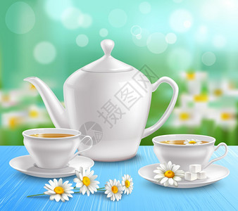 茶壶杯子的成茶壶杯子的成与糖茶托花的甘菊蓝色桌布矢量插图图片