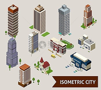 等距城市图标等距城市孤立图标与同类型的建筑物毗邻的领土矢量插图图片