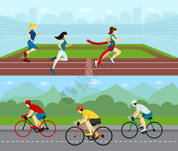 人们运动水平横幅运动员水平横幅与跑步妇女骑自行车者比赛的道路矢量插图图片