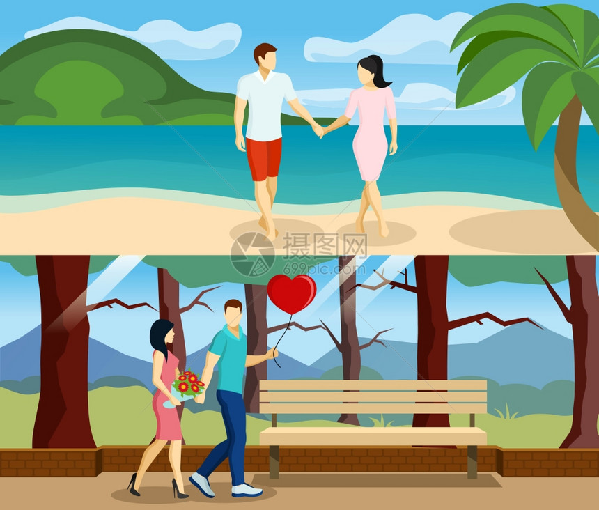 人们喜欢横幅水平横幅与恋人步行海滩公园矢量插图图片
