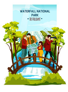 瀑布景观海报平彩色海报与游客家庭木桥上的河流瀑布景观背景矢量插图旅游业高清图片素材