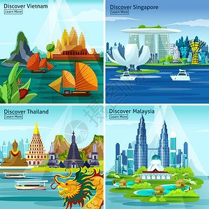 越南地标亚洲旅游2x2理念亚洲旅游2x2理念与越南,泰国,新加坡马来西亚丰富多彩的景观成平矢量插图插画