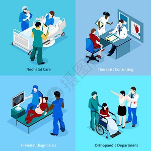 医生病人等距图标医生病人等距图标与描述新生儿护理治疗师咨询产前诊断骨科矢量插图插画