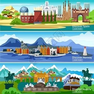 欧洲旅游横幅全景水平横幅的主要景点欧洲旅游城市西牙挪威奥地利矢量插图图片