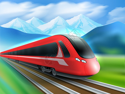 红色轨道快车山脉背景写实海报红色流线型高速日列车与山脉背景真实图像广告海报打印矢量插图插画