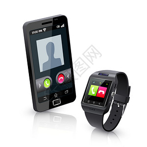 电话手表智能手表与手机现实的成黑色智能手表警报兼容智能手机来电现实象成与白色背景矢量插图插画
