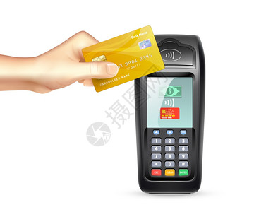 信用卡支付终端支付终端黄金信用卡人手中的现实风格矢量插图图片