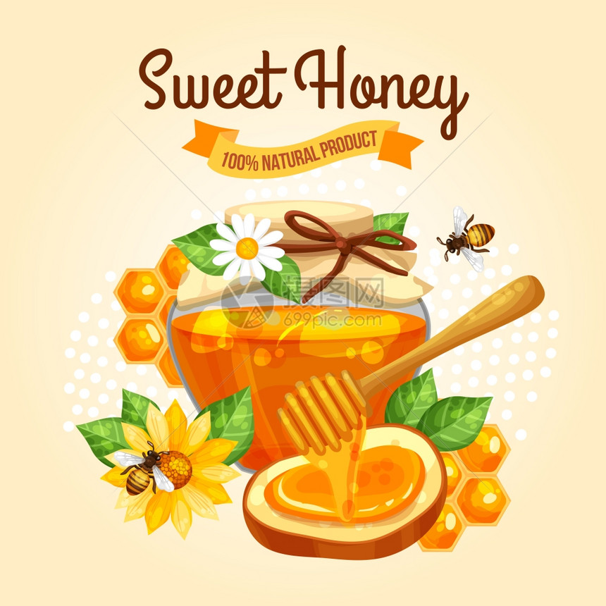 甜蜜的蜂蜜海报甜蜂蜜海报与蜜蜂罐子花米色背景矢量插图图片