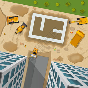 建筑顶部视图海报建筑海报与各种建筑车辆初始阶段顶部视图矢量插图图片