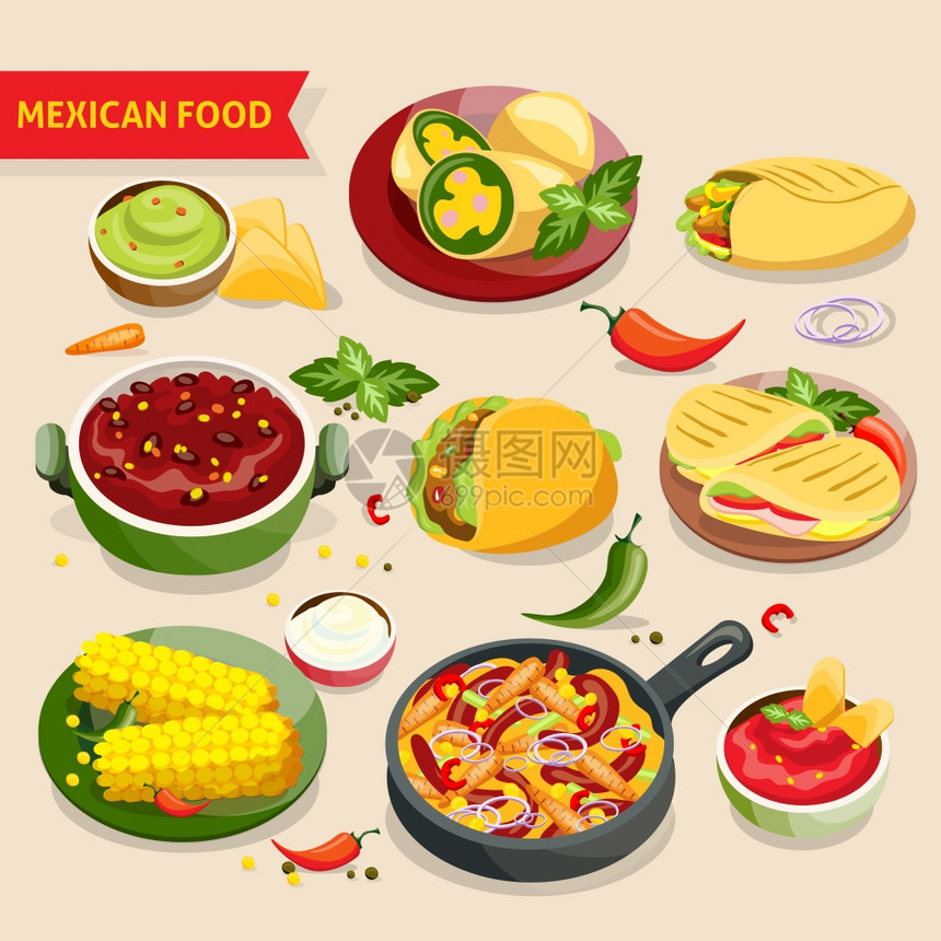 墨西哥食品套装墨西哥菜与传统墨西哥菜菜肴分离矢量插图图片