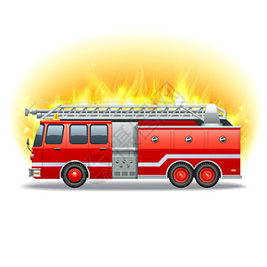 消防车着火了红色消防车与救援梯火灾的背景矢量插图图片