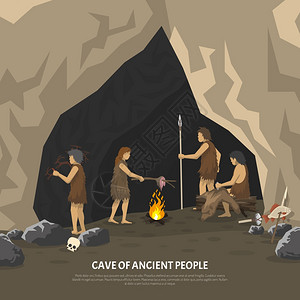 史前洞穴插图彩色插图活动古代人洞穴中的石器时代矢量插图图片