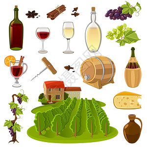 葡萄酒卡通图标葡萄酒生产用工艺元素卡通孤立图标矢量插图图片