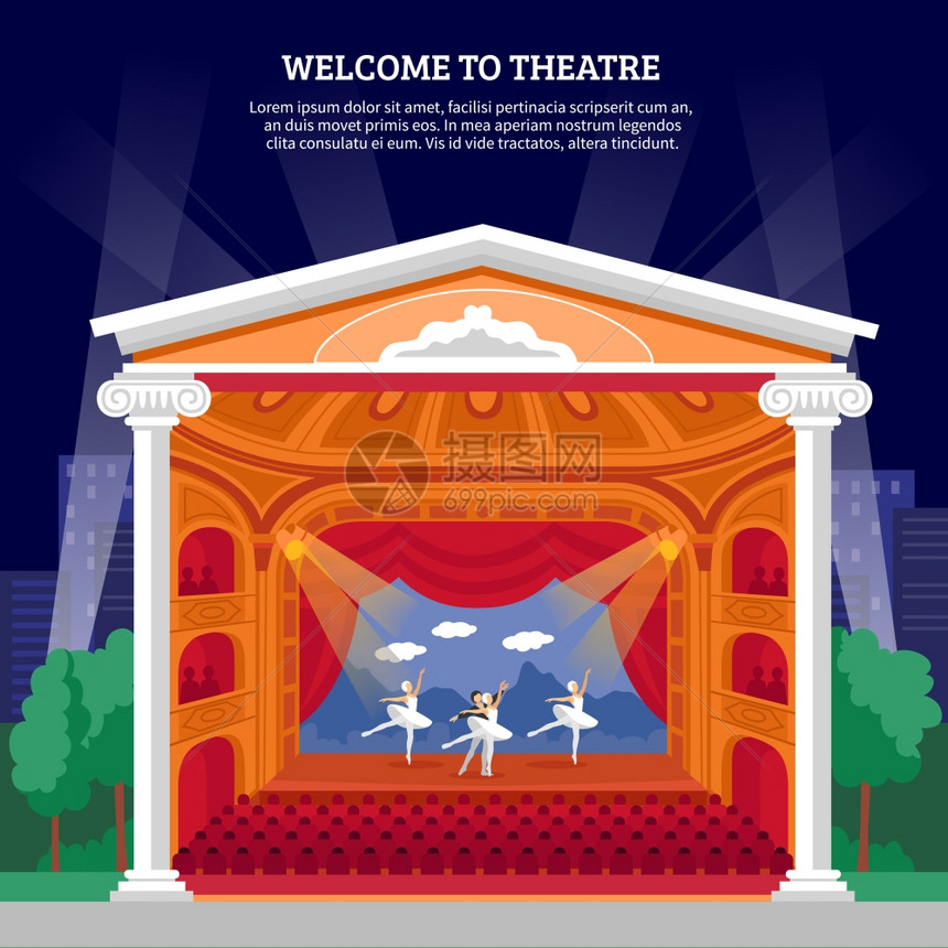 剧院表演海报平彩色印刷戏剧表演海报彩色海报印刷与芭蕾舞舞台上的节目小册子抽象矢量插图图片