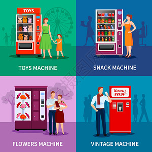 时尚的彩色自动售货机时尚的彩色自动售货机与玩具,鲜花,零食,水糖浆分离的矢量插图背景图片