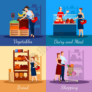 超市的购物部门超市购物部门用包乳制品肉制品蔬菜水果矢量插图图片