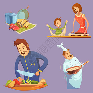 烹饪复古卡通图标集烹饪复古卡通图标器皿母子切割厨师矢量插图图片