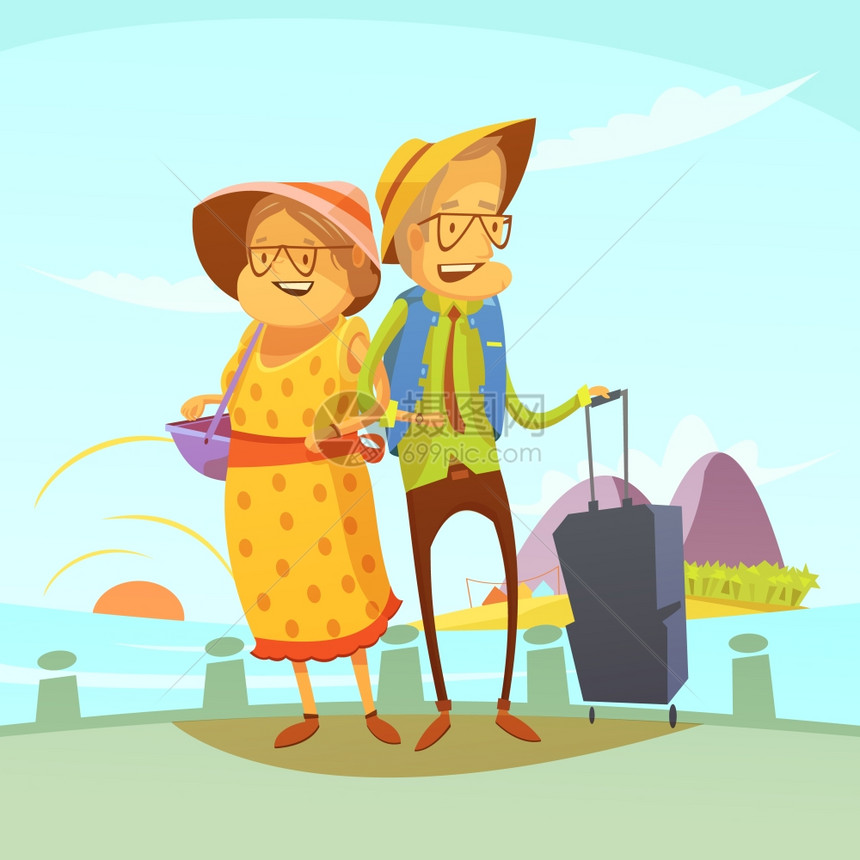 老夫妇旅行插图老夫妇旅行背景与手提箱景点卡通矢量插图图片