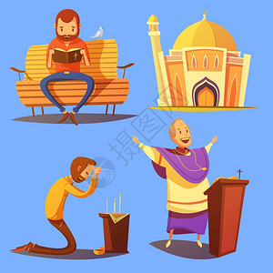 宗教卡通图标宗教卡通图标与教堂祈祷符号蓝色背景矢量插图图片