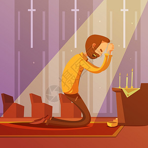 祈祷人插图男人跪基督教教堂里用蜡烛卡通矢量插图祈祷背景图片
