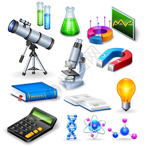 科学现实图标科学写实图标显微镜计算器,望远镜,磁铁模型的物质分子矢量插图背景图片