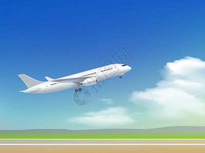飞机飞海报白色飞机地飞海报的背景云天空跑道矢量插图背景图片