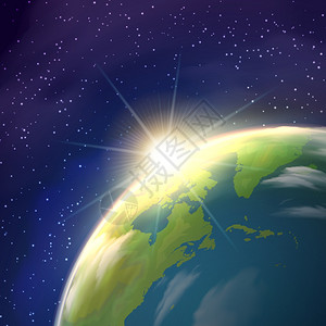 地球发光日出地球观现实海报行星地球地球同步视图与明亮的上升太阳恒星星座蓝色背景现实海报矢量插图插画